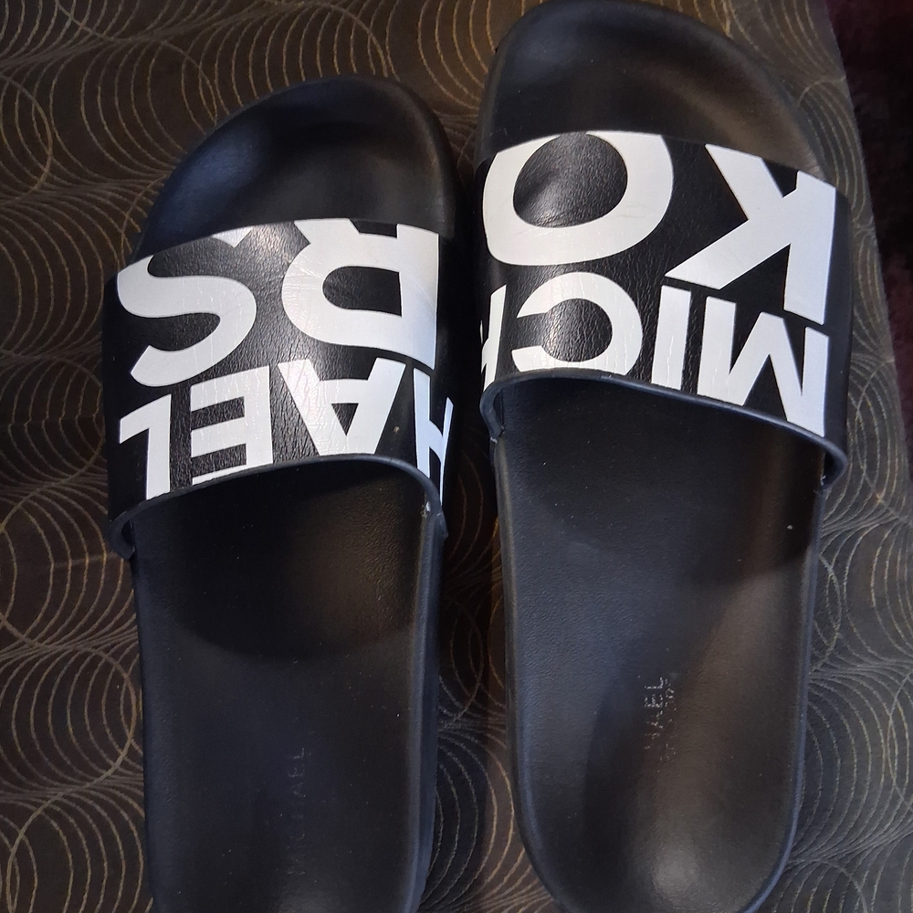 MICHAEL KORS Black Slide Sandals with White Logo